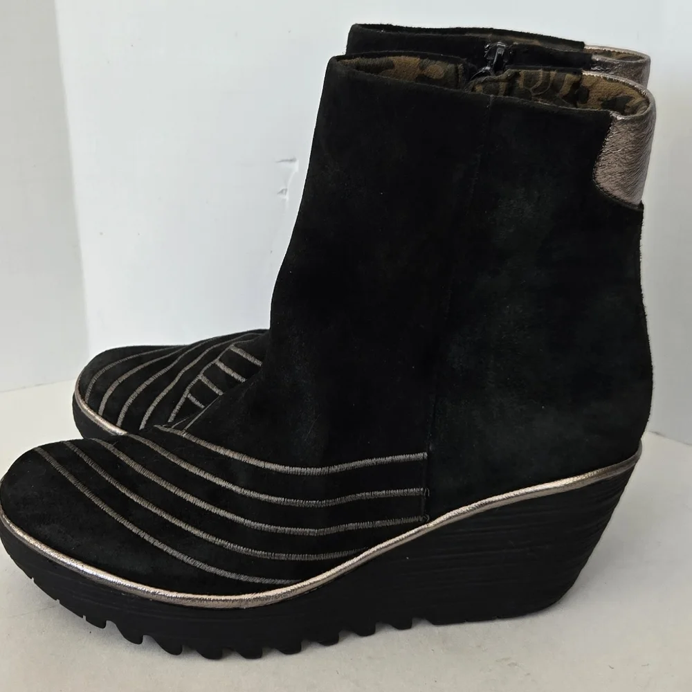 Fly London Yave Black Suede Leather Wedge Chelsea Ankle Boots